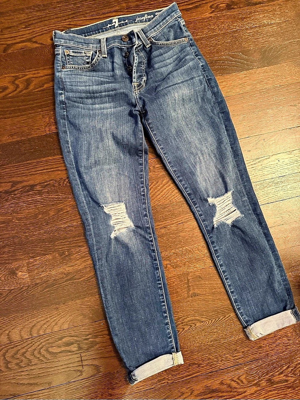 7 For All Mankind Josefina Skinny Boyfriend Distressed Blue Waist 24 Good